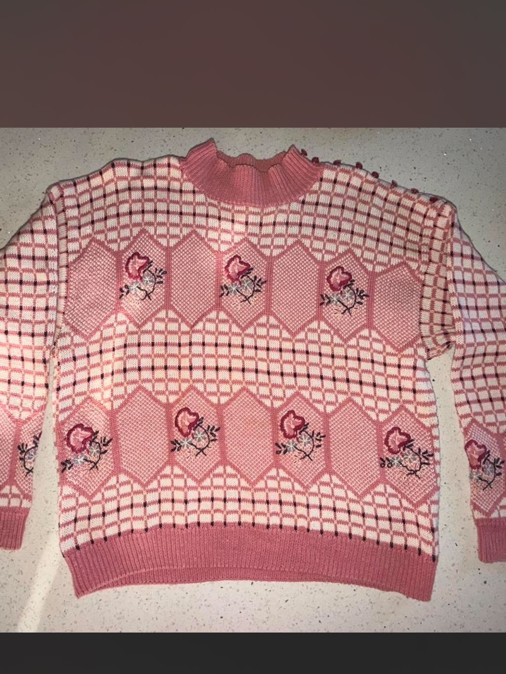 Embroidered Pink Crewneck Sweater with Geometric Motif